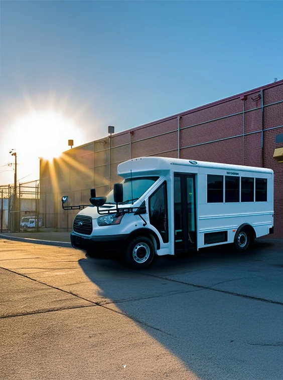 White shuttle bus parked next to a prison near Sacramento